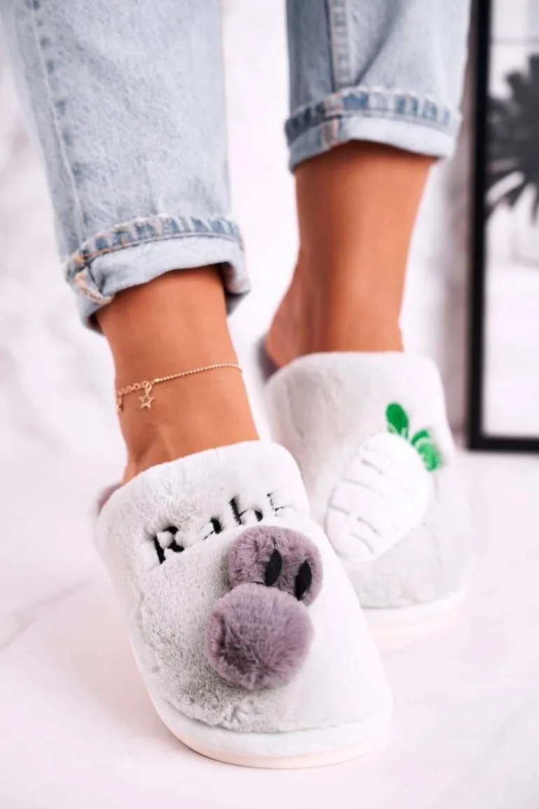 Damskie Futrzane Papcie z Królikiem I Marchewką Zielone Follow Me