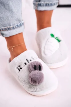 Damskie Futrzane Papcie z Królikiem I Marchewką Zielone Follow Me