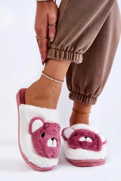 Damskie Futrzane Papcie Z Misiem Różowo-Białe Solly
