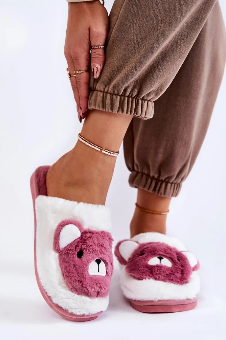 Damskie Futrzane Papcie Z Misiem Różowo-Białe Solly