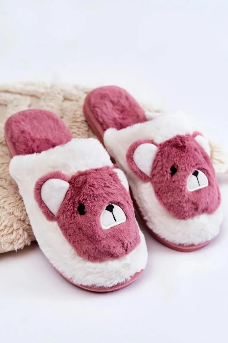 Damskie Futrzane Papcie Z Misiem Różowo-Białe Solly