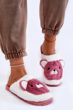 Damskie Futrzane Papcie Z Misiem Różowo-Białe Solly