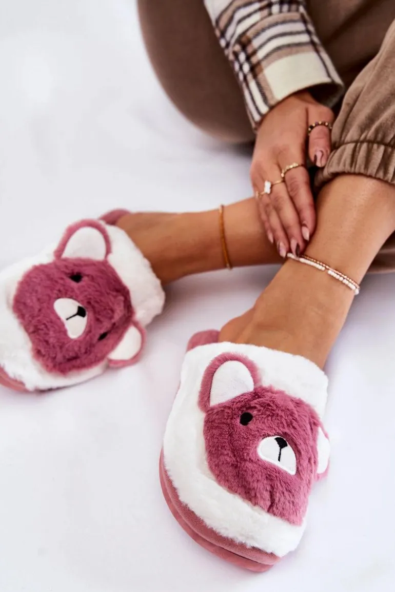 Damskie Futrzane Papcie Z Misiem Różowo-Białe Solly