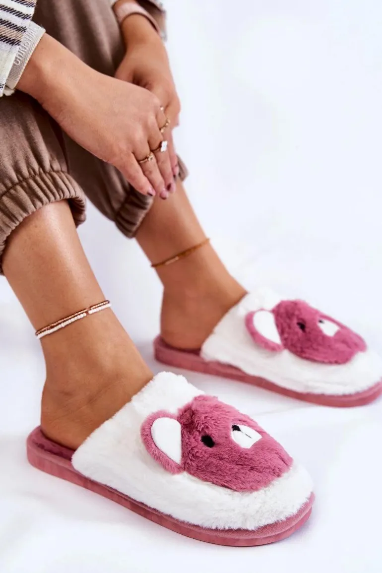 Damskie Futrzane Papcie Z Misiem Różowo-Białe Solly