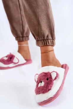 Damskie Futrzane Papcie Z Misiem Różowo-Białe Solly