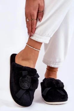 Damskie Futrzane Papcie Z Pomponami Czarne Castello