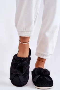 Damskie Futrzane Papcie Z Pomponami Czarne Castello