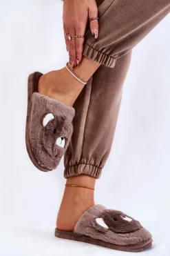 Damskie Futrzane Papcie Z Misiem Brązowe Solly