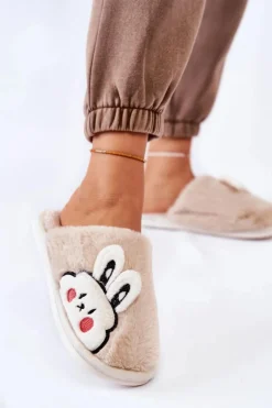 Damskie Futrzane Papcie Z Królikiem Beżowe Trisha