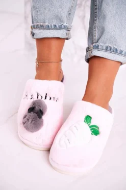 Damskie Futrzane Papcie z Królikiem I Marchewką Różowe Follow Me