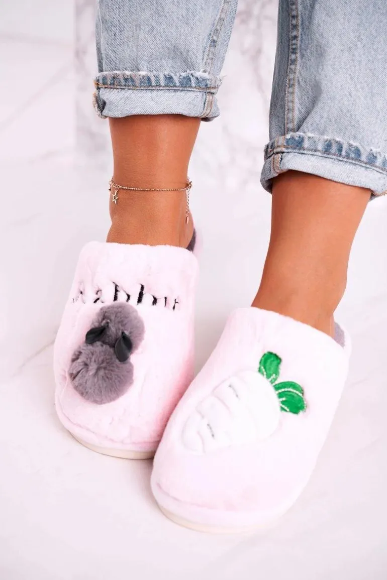 Damskie Futrzane Papcie z Królikiem I Marchewką Różowe Follow Me