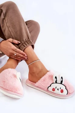 Damskie Futrzane Papcie Z Królikiem Jasnoróżowe Trisha