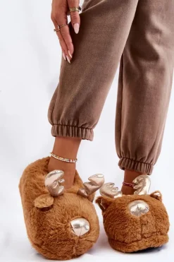 Damskie Futrzane Wsuwane Papcie Renifery Jasnobrązowe Comet