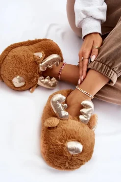 Damskie Futrzane Wsuwane Papcie Renifery Jasnobrązowe Comet