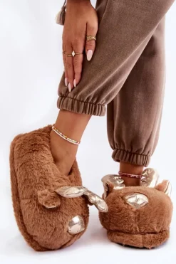 Damskie Futrzane Wsuwane Papcie Renifery Brązowe Comet