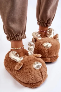 Damskie Futrzane Wsuwane Papcie Renifery Brązowe Comet