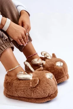 Damskie Futrzane Wsuwane Papcie Renifery Brązowe Comet