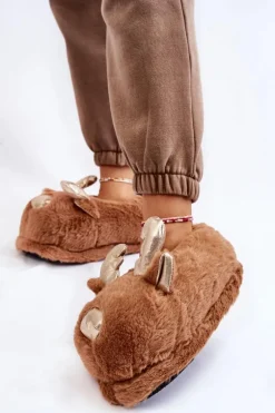 Damskie Futrzane Wsuwane Papcie Renifery Brązowe Comet