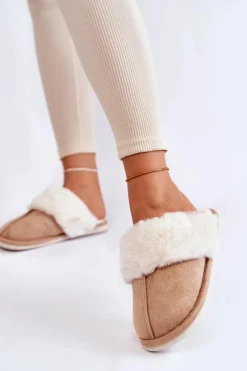 Damskie Gładkie Papcie Z Futerkiem Beżowe Morisea