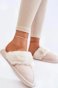 Damskie Gładkie Papcie Z Futerkiem Jasnobeżowe Morisea