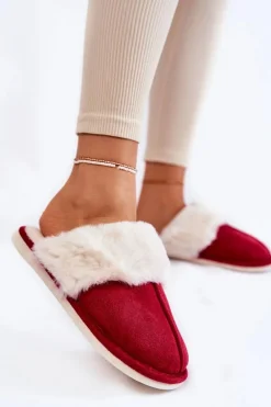 Damskie Gładkie Papcie Z Futerkiem Czerwone Morisea