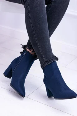 Damskie Granatowe Botki Na Słupku w Szpic Amaltea