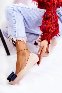 Damskie Gumowe Baleriny Z Kokardą Beżowe Florret