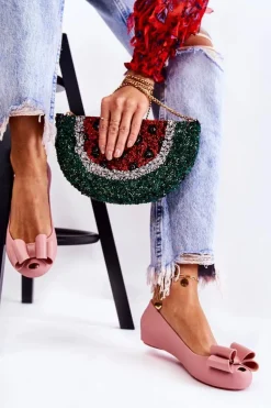 Damskie Gumowe Baleriny Z Kokardą Różowe Florret