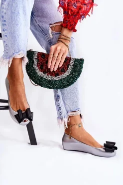 Damskie Gumowe Baleriny Z Kokardą Srebrne Florret