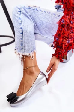 Damskie Gumowe Baleriny Z Kokardą Srebrne Florret