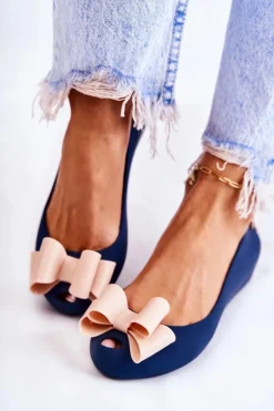 Damskie Gumowe Baleriny Z Kokardą Granatowe Florret