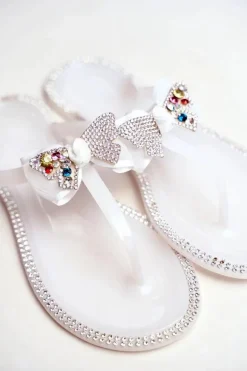 Damskie Gumowe Klapki Białe Japonki Cyrkonie Lissy