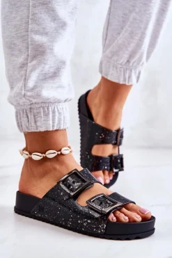 Damskie Gumowe Klapki Brokatowe ZAXY HH285158 Czarne