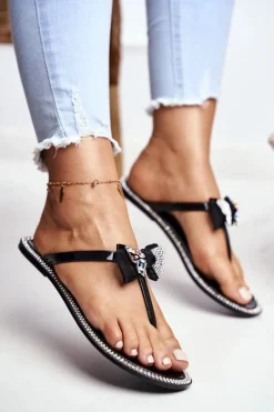 Damskie Gumowe Klapki Czarne Japonki Cyrkonie Lissy