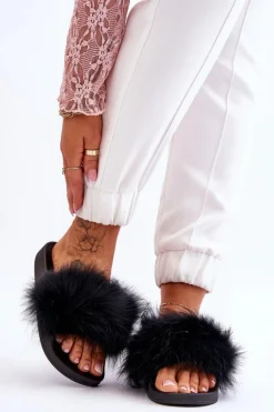 Damskie Gumowe Klapki Z Futerkiem Czarne Lucrece