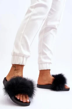 Damskie Gumowe Klapki Z Futerkiem Czarne Lucrece