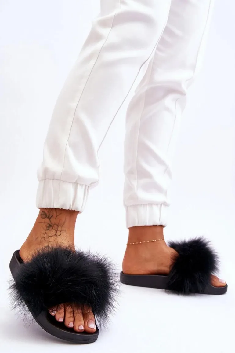 Damskie Gumowe Klapki Z Futerkiem Czarne Lucrece