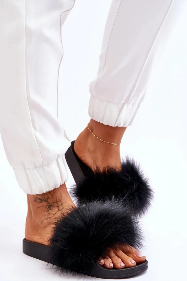 Damskie Gumowe Klapki Z Futerkiem Czarne Lucrece