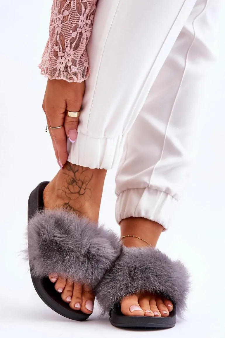 Damskie Gumowe Klapki Z Futerkiem Szare Lucrece