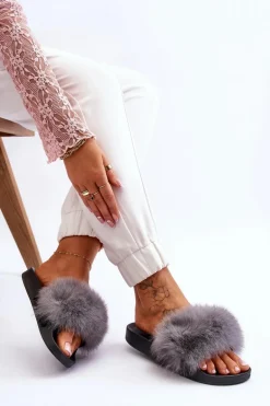 Damskie Gumowe Klapki Z Futerkiem Szare Lucrece