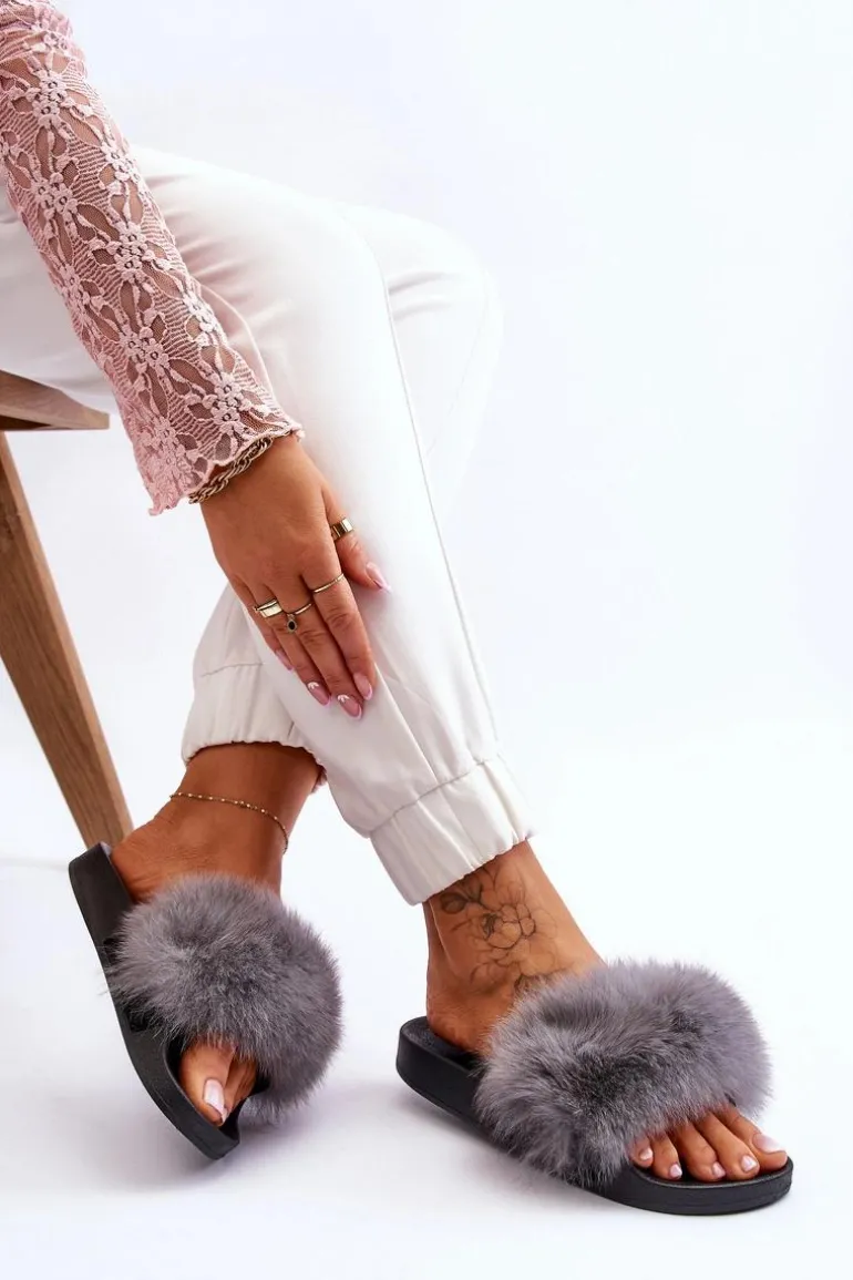 Damskie Gumowe Klapki Z Futerkiem Szare Lucrece