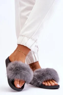 Damskie Gumowe Klapki Z Futerkiem Szare Lucrece