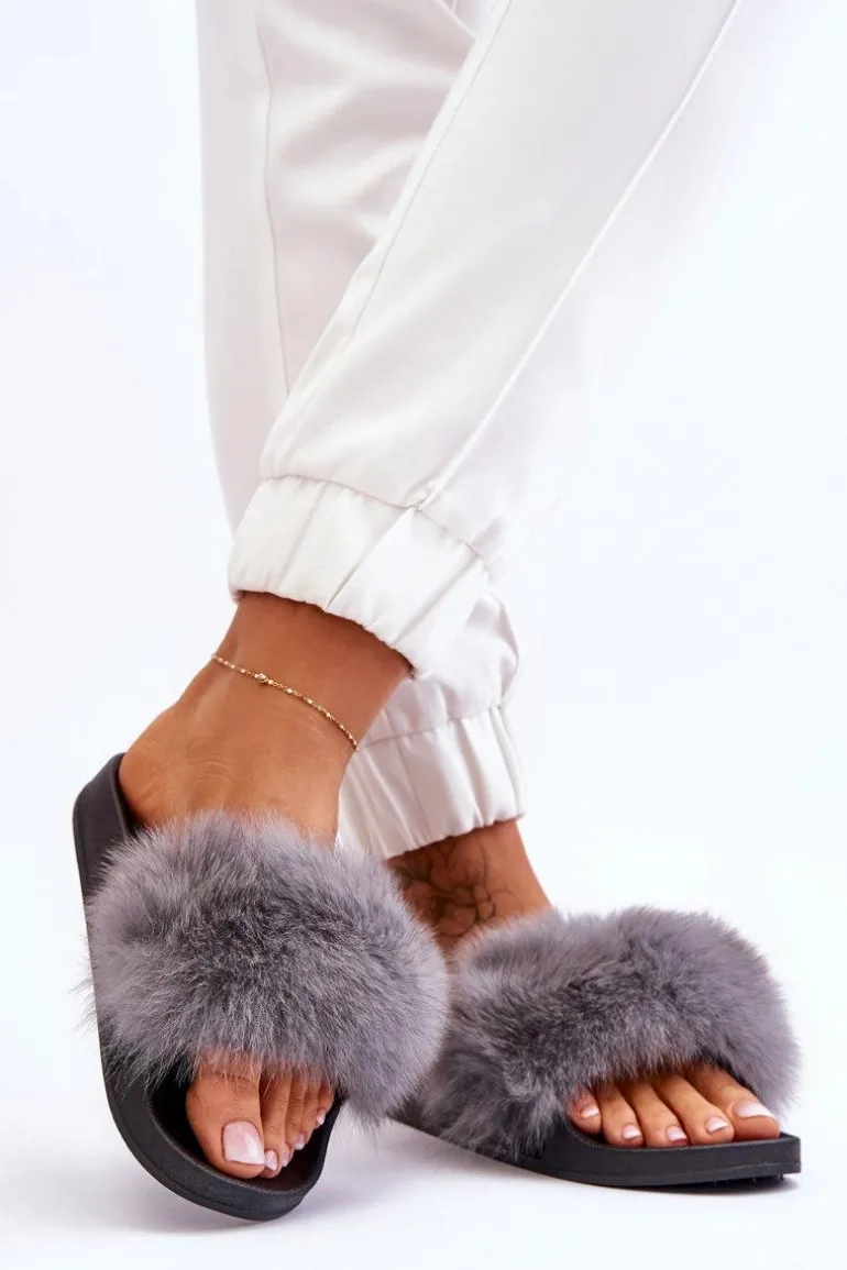 Damskie Gumowe Klapki Z Futerkiem Szare Lucrece