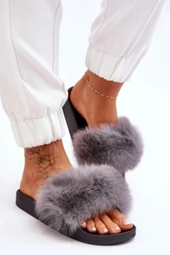 Damskie Gumowe Klapki Z Futerkiem Szare Lucrece
