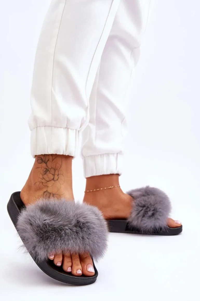 Damskie Gumowe Klapki Z Futerkiem Szare Lucrece