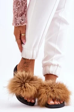 Damskie Gumowe Klapki Z Futerkiem Brązowe Lucrece