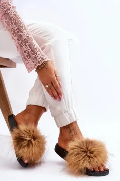 Damskie Gumowe Klapki Z Futerkiem Brązowe Lucrece