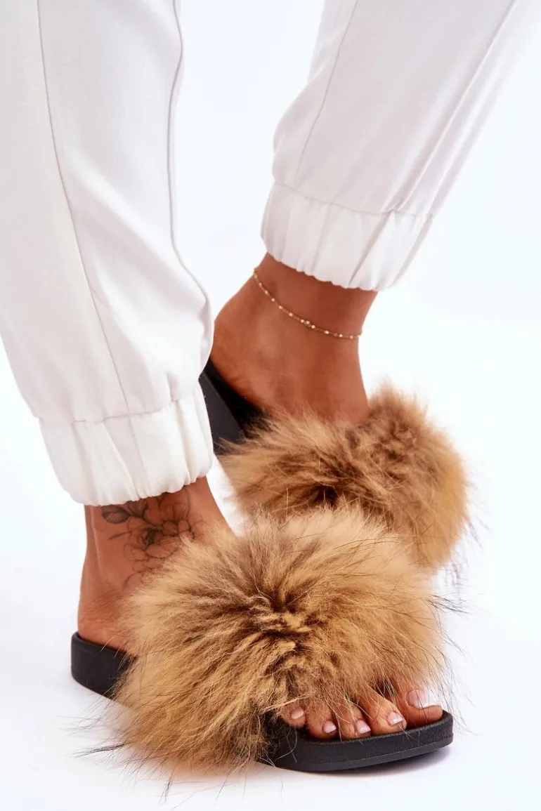 Damskie Gumowe Klapki Z Futerkiem Brązowe Lucrece