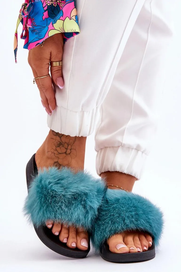 Damskie Gumowe Klapki Z Futerkiem Turkusowe Lucrece