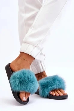 Damskie Gumowe Klapki Z Futerkiem Turkusowe Lucrece